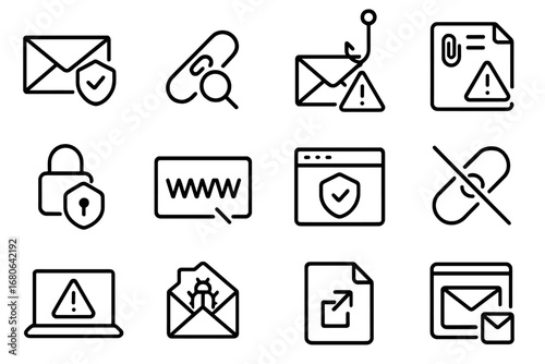 Anti-Phishing Icon Set. Outline icon set of anti-phishing protection: email shield, link scanner, phishing