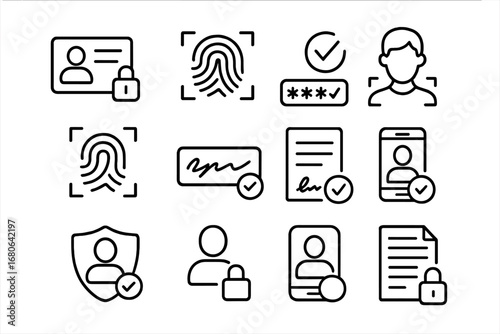 Identity Verification Icons. Outline icon set of identity verification systems: ID card lock, biometric scan,