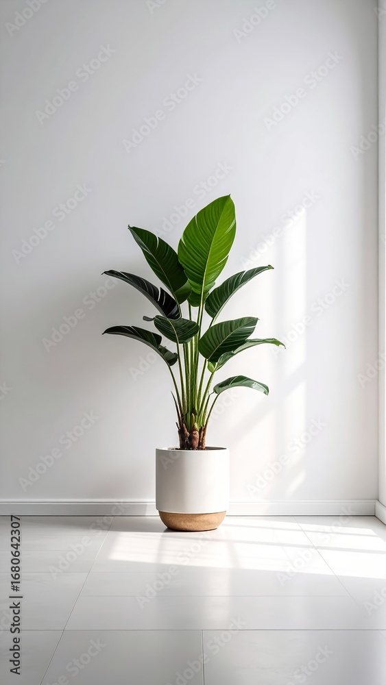 Fototapeta premium Elegant bird of paradise plant in white pot against a minimalist backdrop