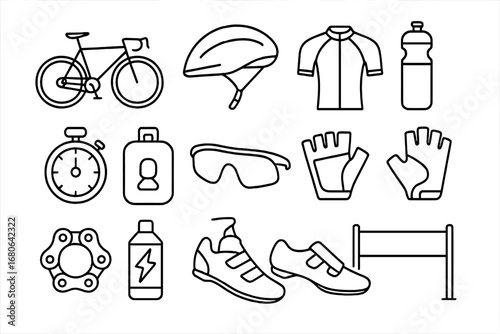 Cycling Race Icons. Outline icon set of competitive cycling race: racing bike, helmet, cycling jersey, water