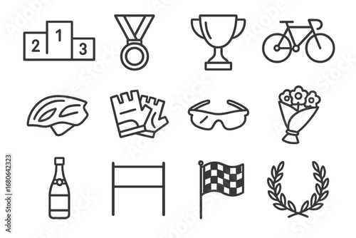Cycling Awards Icons Set. Outline icon set of cycling awards ceremony: podium, medal, trophy, racing bike,