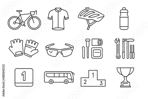 Cycling Team Icons. Outline icon set of professional cycling team: racing bike, team jersey, helmet, water