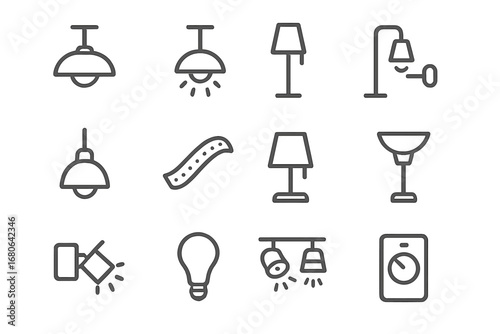 Minimalist Lighting Icons. Outline icon set of minimalist lighting: ceiling fixture, recessed lighting, floor