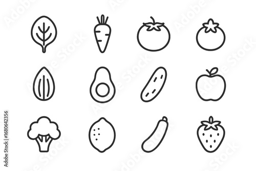 Raw Food Icons. Outline icon set of raw food diet: spinach leaf, carrot, tomato, blueberry, almond, avocado,