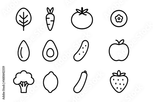 Raw Food Icons. Outline icon set of raw food diet: spinach leaf, carrot, tomato, blueberry, almond, avocado,