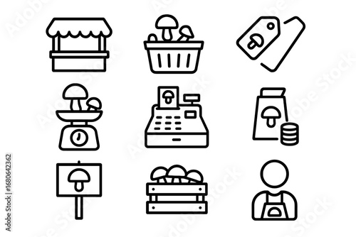 Mushroom Market Icons. Outline icon set of mushroom market selling: stall, basket, mushroom pile, price tag,