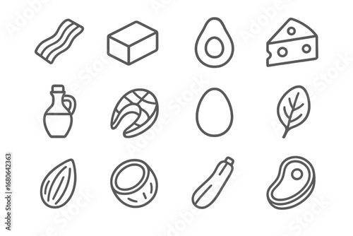 Keto Diet Icons. Outline icon set of keto diet staples: bacon strip, butter block, avocado, cheese wedge,