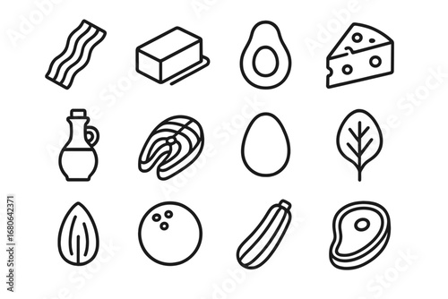 Keto Diet Icons. Outline icon set of keto diet staples: bacon strip, butter block, avocado, cheese wedge,
