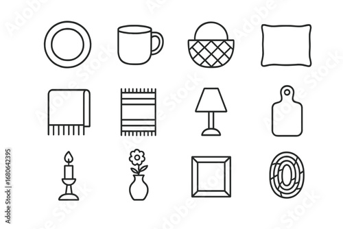 Handmade Home Goods Icons. Outline icon set of handmade home goods trade: ceramic plate, clay mug, basket,