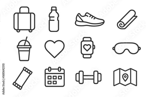 Travel Wellness Icons. Outline icon set of travel-friendly wellness kits: suitcase, water bottle, running shoe