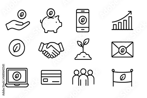 Environmental Crowdfunding Icons. Outline icon set of environmental crowdfunding: donation hand, piggy bank,