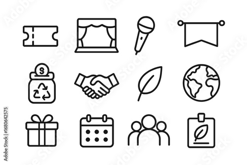 Conservation Event Icons. Outline icon set of conservation fundraising events: ticket, stage, microphone,