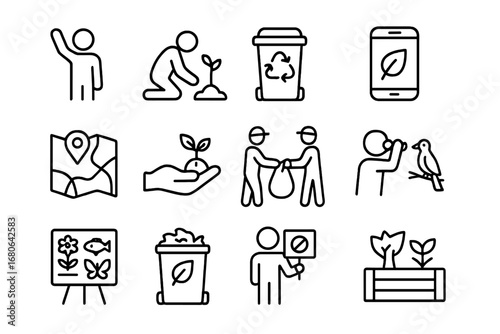 Environmental Conservation Icons. Outline icon set of crowdsourced environmental conservation: volunteer, tree