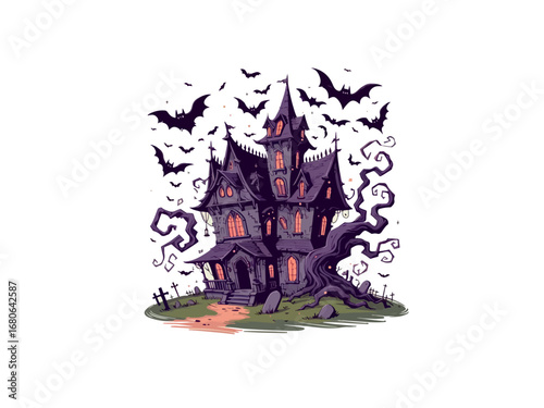 Halloween castle with bats , T-shirt Design, Generative AI