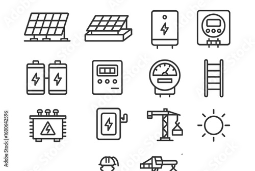 Solar Installation Icons. Outline icon set of commercial solar installations: large panel array, flat roof,
