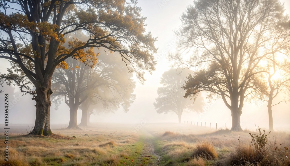 Obraz premium Tranquil foggy morning in australian bush with soft light creating a serene atmosphere