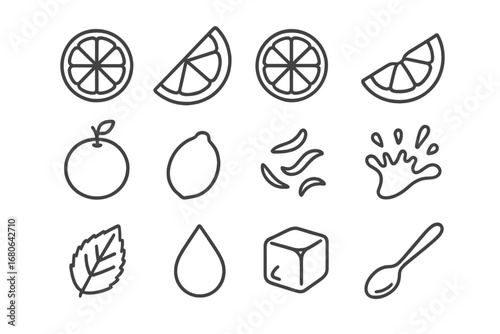 Citrus Icon Grid. Outline icon set of citrus medley: orange slice, lemon wedge, lime slice, grapefruit segment