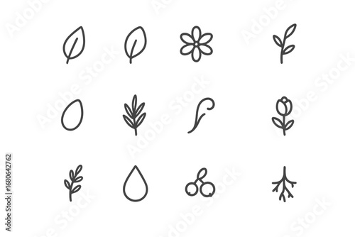 Minimal Botanical Icons. Outline icon set of minimal botanical labels: simple leaf, single petal, line flower,