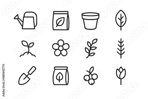 Garden Icon Set. Outline icon set of garden-inspired packaging: watering can, seed packet, terracotta pot,