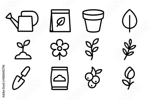 Garden Icon Set. Outline icon set of garden-inspired packaging: watering can, seed packet, terracotta pot,