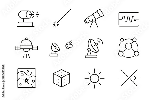 Interstellar Communication Icons. Outline icon set of interstellar communication concepts: laser transmitter,