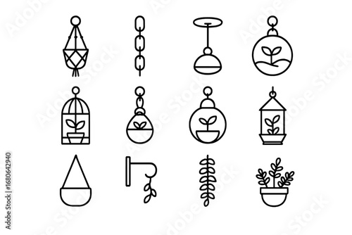 Hanging Garden Icons. Outline icon set of hanging garden ideas: macrame hanger, chain hook, ceiling mount,
