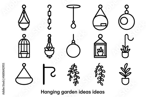 Hanging Garden Icons. Outline icon set of hanging garden ideas: macrame hanger, chain hook, ceiling mount,