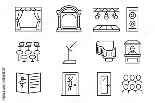 Ballet Theater Icon Set. Outline icon set of professional ballet theater: velvet curtain, proscenium arch,