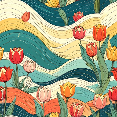 Vibrant tulips flourish amidst a backdrop of flowing, wavy lines, creating a beautiful, spring-like scene.