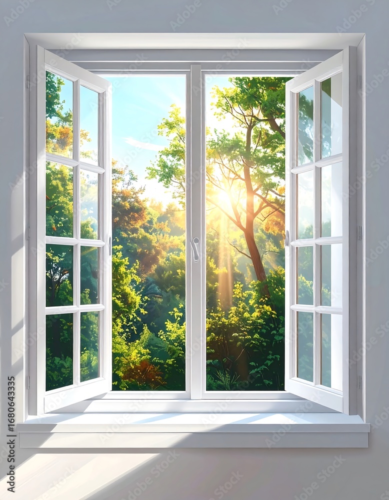 Obraz premium A brightly lit window reveals a verdant forest scene at sunrise, showcasing a peaceful and serene ambiance.