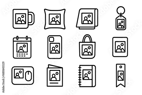 Photo Gift Icons. Outline icon set of personalized photo gifts: custom mug, printed pillow, photo blanket,