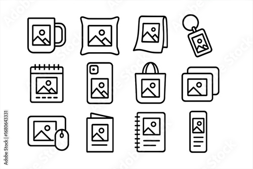 Photo Gift Icons. Outline icon set of personalized photo gifts: custom mug, printed pillow, photo blanket,