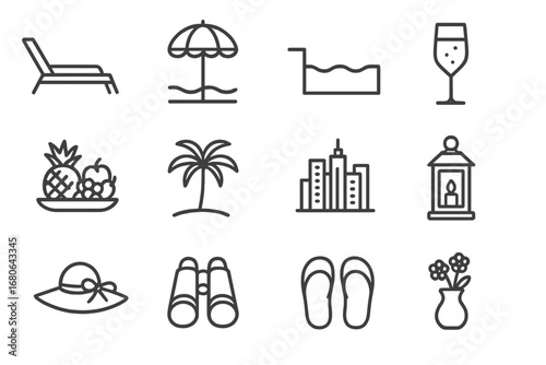 Luxury Terrace Icons. Outline icon set of luxury hotel terrace: lounge bed, parasol, infinity pool edge,