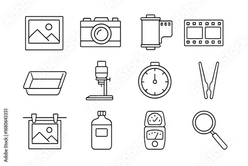 Photography Icon Set. Outline icon set of black-and-white photography: monochrome photo, vintage camera, film