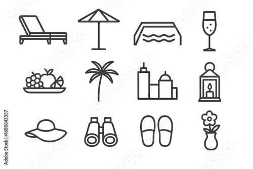 Luxury Terrace Icons. Outline icon set of luxury hotel terrace: lounge bed, parasol, infinity pool edge,
