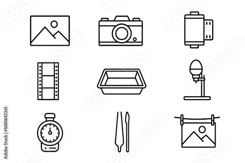 Photography Icon Set. Outline icon set of black-and-white photography: monochrome photo, vintage camera, film