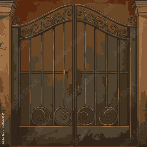 Rustic, ornate wrought iron gates with aged patina on a weathered stone wall. Detailed metalwork with decorative swirls and panels.