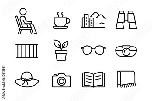 Terrace Relaxation Icons. Outline icon set of a person sitting on a terrace with panoramic views: terrace