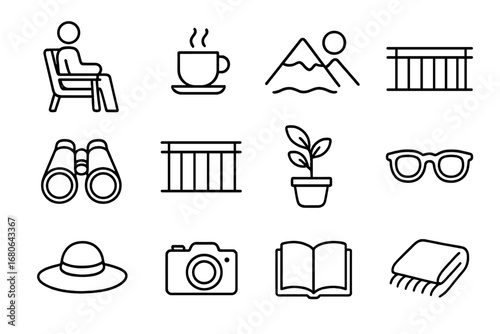 Terrace Relaxation Icons. Outline icon set of a person sitting on a terrace with panoramic views: terrace