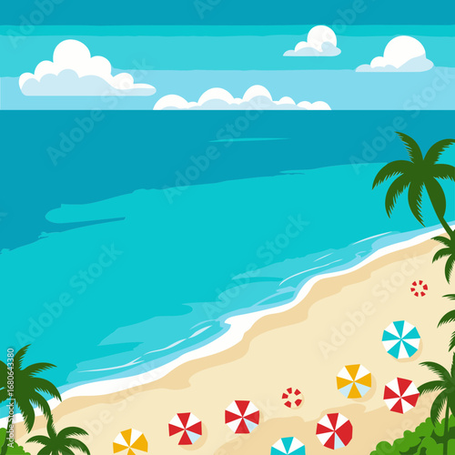 Tropical beach scene with colorful umbrellas and life preservers displayed on a sandy shore.