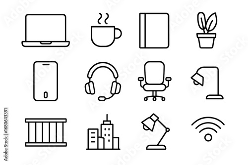 Terrace WFH Icon Set. Outline icon set of terrace work-from-home setup: laptop, coffee cup, notebook, pen,