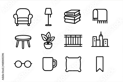 Terrace Reading Icons. Outline icon set of terrace reading nook: armchair, floor lamp, book stack, blanket,