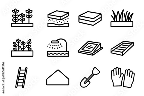 Green Roof Icon Set. Outline icon set of green roofs: sedum plants, drainage layer, insulation, grass patch,