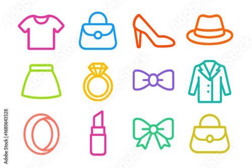 Colorful Icon Grid. Outline icon set of bold colors in fashion: neon pink, electric blue, fiery red, bright