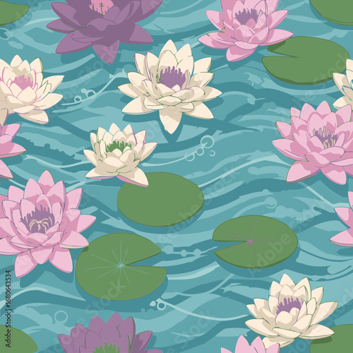 Lotus flower pattern on water with ripples and bubbles. Colorful, detailed illustration of various lotus flowers and leaves in a tranquil water environment.