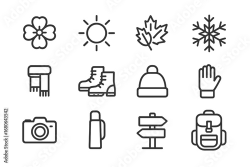 Seasonal Nature Walk Icons. Outline icon set of seasonal nature walks: spring blossom, summer sun, autumn