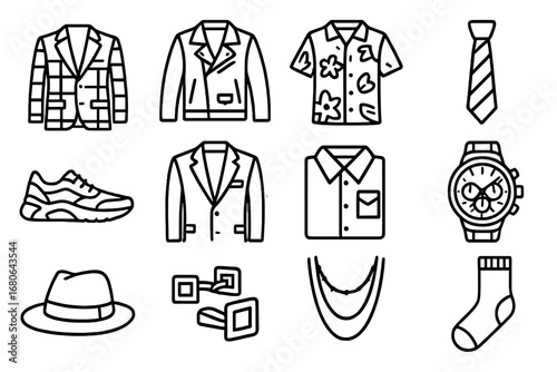 Bold Men's Fashion Icons. Outline icon set of bold men’s fashion: patterned suits, leather jackets, printed
