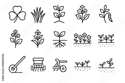 Cover Crop Icon Set. Outline icon set of cover cropping: clover, rye grass, alfalfa, mustard plant, vetch,