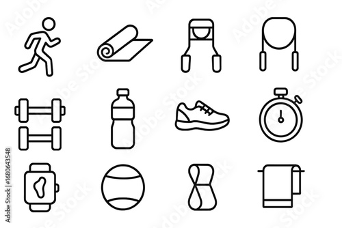 Beach Fitness Icons. Outline icon set of beach fitness activities: morning jogger, yoga mat, stretch band,