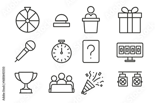 TV Game Show Icons. Outline icon set of TV game shows: spinning wheel, buzzer, contestant podium, prize box,